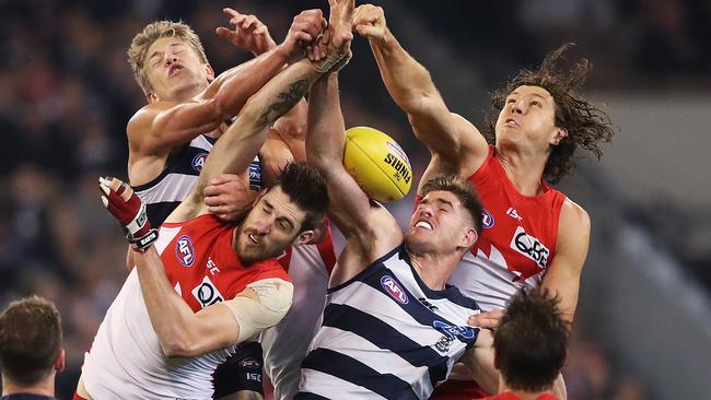 Kurt Tippett spoils the ball during last year’s preliminary final. Picture: Phil Hillyard