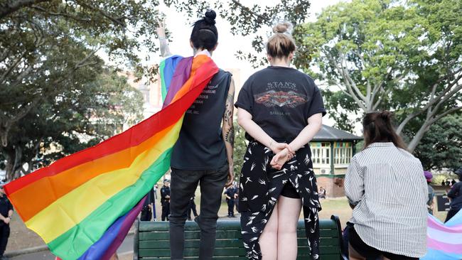 Pro gay rights and marriage equality supporters gather at an Anti YES vote rally in Darlinghurst, Sydney.