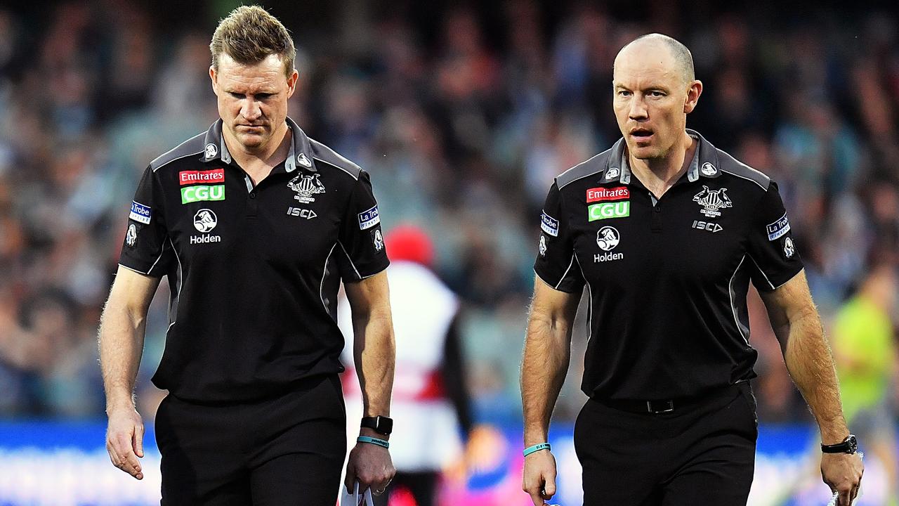 Nathan Buckley and Brenton Sanderson’s tennis match has cost Collingwood a big fine. Picture: Daniel Kalisz