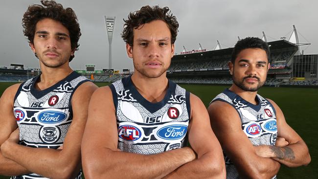 Bates (right) during his time with Geelong. Picture: Mike Dugdale