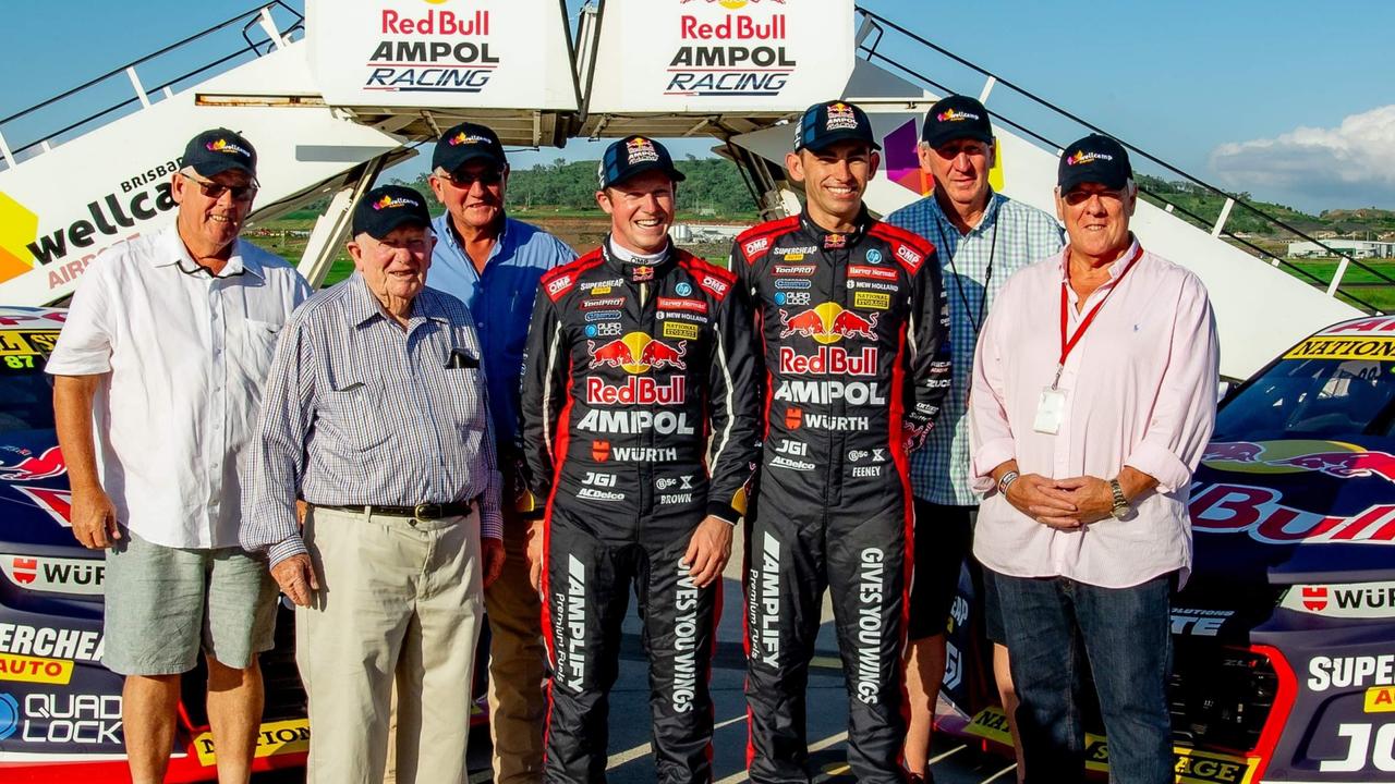 The Wagner family made up of (from left) Neill, Henry, Joe, Denis and John with Red Bull Ampol Racing drivers Will Brown and Broc Feeney at Toowoomba Wellcamp Airport. Photo by David Lobwein.