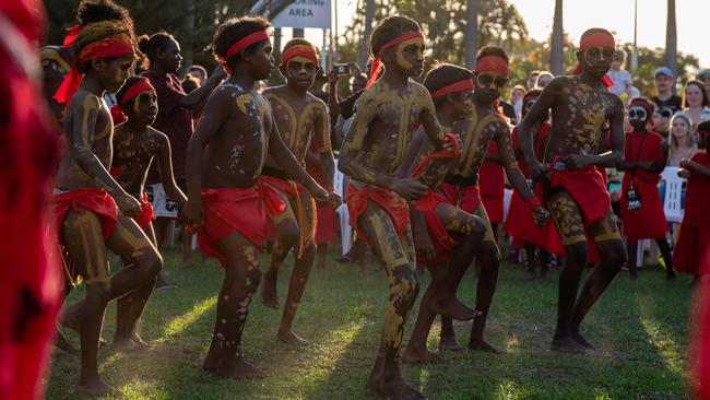 Kenbi Dances from Belyuen community at the Northern Land Council 50 Year Anniversary Concert in State Square, Parliament House, Darwin. Picture: Pema Tamang Pakhrin