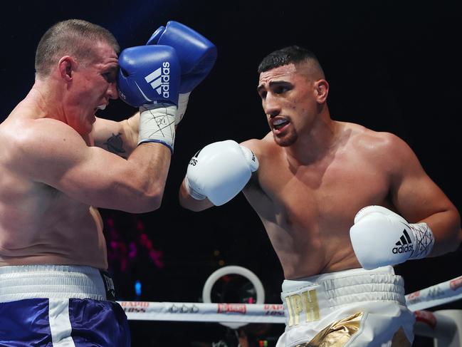 Pictured are boxers Paul Gallen and Justis Huni in their bout for the Australian Heavyweight Title held at the ICC in Sydney.Picture: Richard Dobson