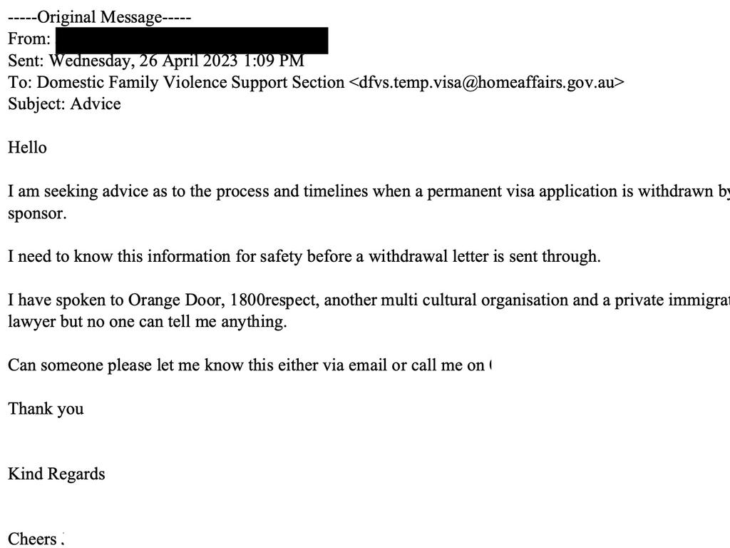 Natalie's original email to Immigration authorities simply seeking information about the process.