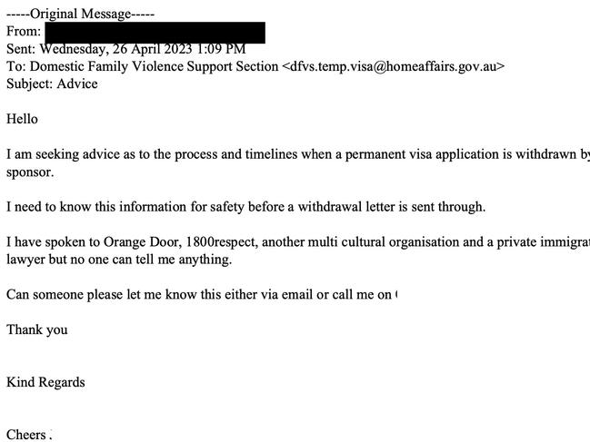 Natalie's original email to Immigration authorities simply seeking information about the process.