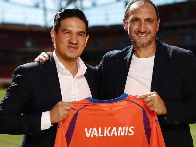 BRISBANE, AUSTRALIA - MAY 07: Roar head coach, Michael Valkanis (R) poses with Roar CEO Kaz Patafta during a Brisbane Roar A-League media opportunity at Suncorp Stadium on May 07, 2025 in Brisbane, Australia. (Photo by Chris Hyde/Getty Images)