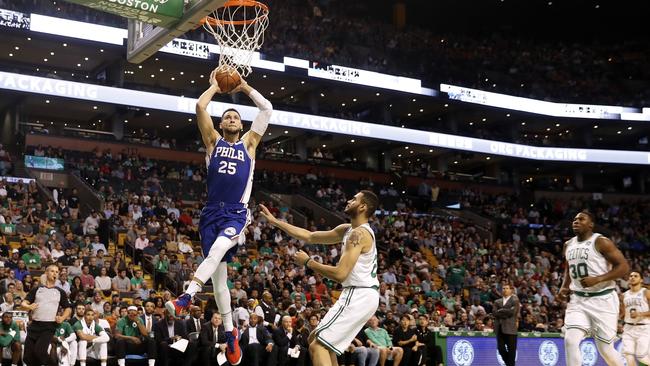 Philadelphia 76ers' Ben Simmons goes in for a dunk.
