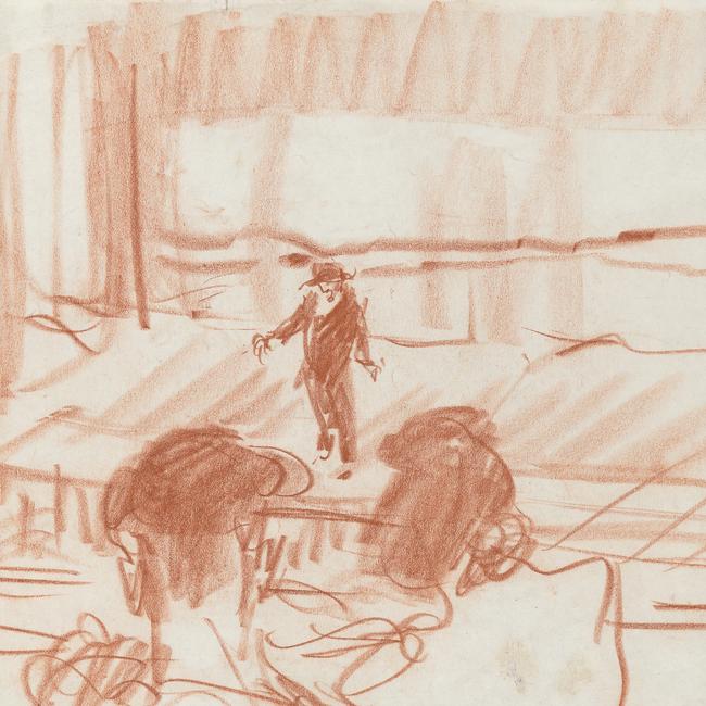 Fred Williams Performer and audience 1952–56 red conté crayon 25.2 x 23.4 cm National Gallery of Victoria, Melbourne Gift of Lyn Williams AM and Family through the Australian Government’s Cultural Gifts Program, 2022 © Estate of Fred Williams