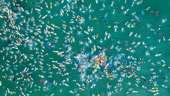 A Burleigh Heads paddle out against proposed oil drilling at the Great Australian Bight. Picture: Lachlan Gardiner