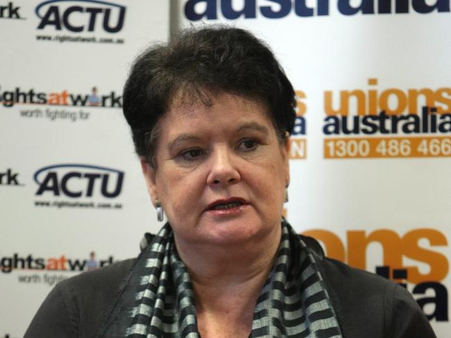 ACTU President Sharan Burrow leaves a press conference at company headquarters in Melbourne, Victoria where she announced her departure with the ACTU and promoted equal pay for Australian Women.