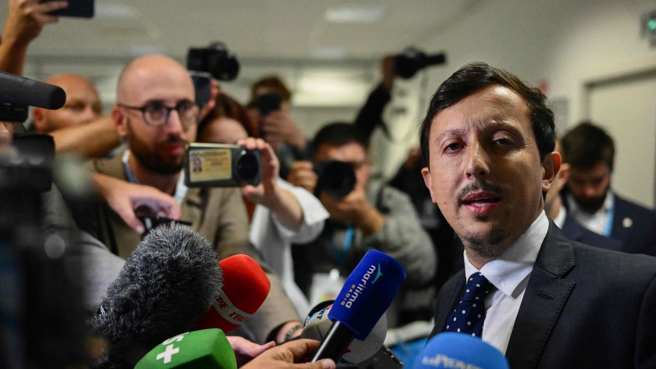 Marseille president Pablo Longoria addresses media after the attack. (Photo by CHRISTOPHE SIMON / AFP)