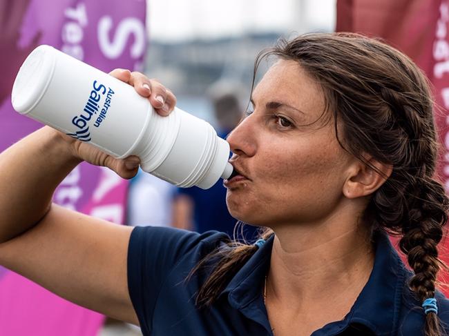 Lisa Darmanin (Nacra17) rehydrating after a hot day on the water. Australian Sailing Team competing at Ready Steady Tokyo (Olympic Test Event) in Enoshima, Japan. 17-22 August 2019. © Beau Outteridge / Australian Sailing Team