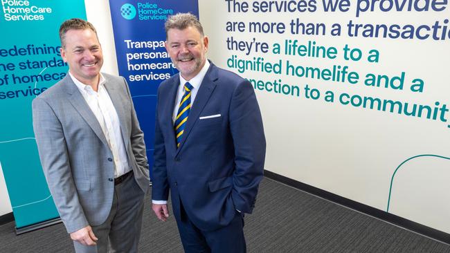 Police HomeCare Services chief executive Wayne Boden with Police Association of SA president Mark Carroll. Picture: Kelly Barnes/Kelly Barnes Photos