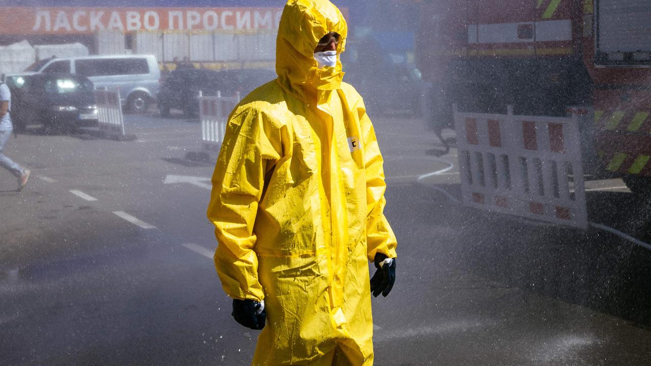 An exercise in the city of Zaporizhzhia on August 17, 2022, in case of a possible nuclear incident at the Russian occupied Zaporizhzhia nuclear power plant located near the city. (Photo by Dimitar DILKOFF / AFP)