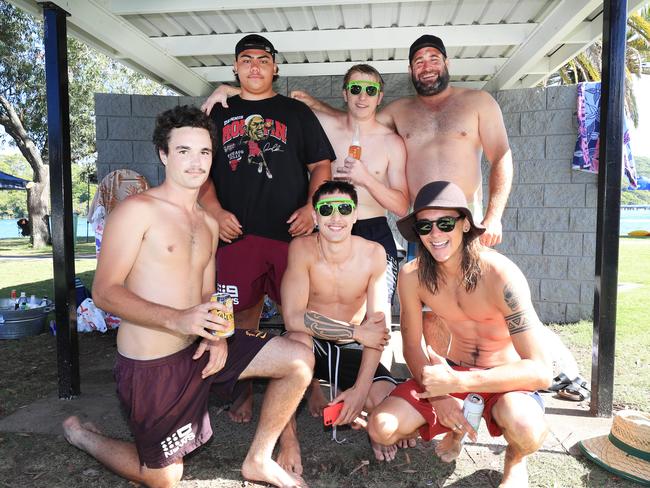 Celebrating Australia Day at Tallebudgera Creek were Zayd Flemming, Rah Berryman, Josh Dearden, Tobie Watts, Davian Rio and Gavin Tucker Photo: Scott Powick