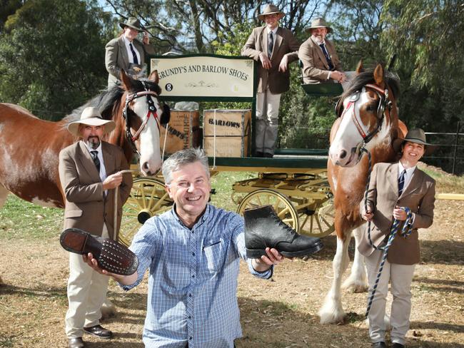 Brenton Whittenbury of Barlow Shoes, with Russell, Kerry-Anne and Kristin March, and Damien and Krystal Pugsley and Clydesdales Jack and Jet. Picture: AAP / Dean Martin