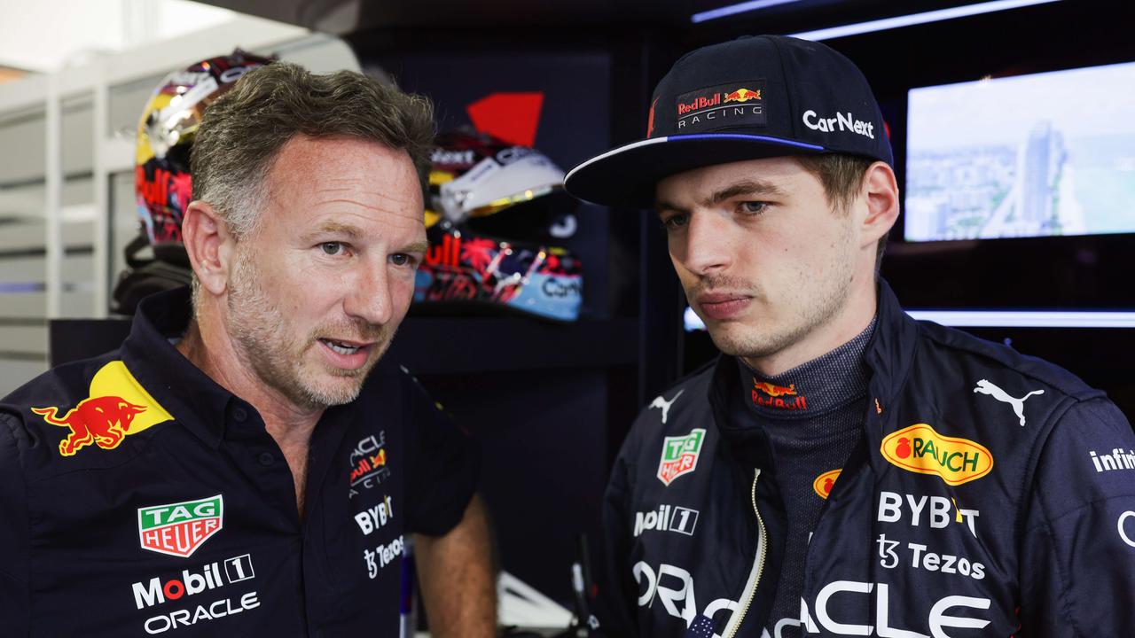 MIAMI, FLORIDA - MAY 07: Max Verstappen of the Netherlands and Oracle Red Bull Racing talks with Red Bull Racing Team Principal Christian Horner in the garage during qualifying ahead of the F1 Grand Prix of Miami at the Miami International Autodrome on May 07, 2022 in Miami, Florida. Mark Thompson/Getty Images/AFP == FOR NEWSPAPERS, INTERNET, TELCOS &amp; TELEVISION USE ONLY ==