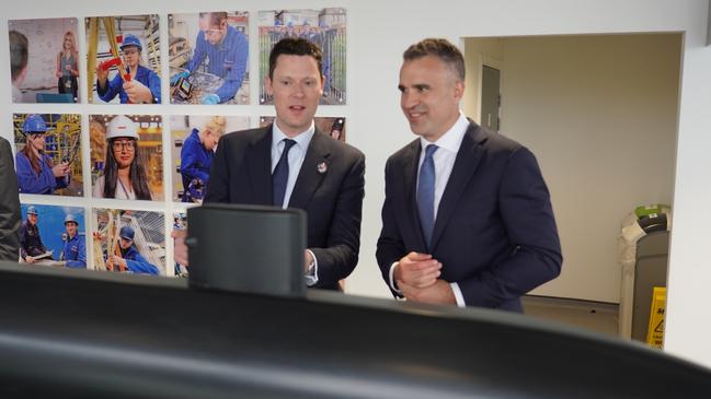 Premier Peter Malinauskas and UK Defence Procurement Minister Alex Chalk in March at the Barrow-in-Furness nuclear submarine shipyard operated by BAE Systems. Picture: supplied