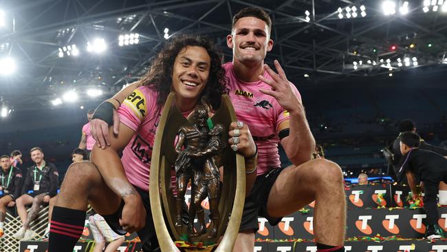 SYDNEY, AUSTRALIA - OCTOBER 06:  Jarome Luai and Nathan Cleary of the Panthers pose with the Provan-Summons Trophy after winning the 2024 NRL Grand Final match between the Melbourne Storm and the Penrith Panthers at Accor Stadium on October 06, 2024, in Sydney, Australia. (Photo by Cameron Spencer/Getty Images)