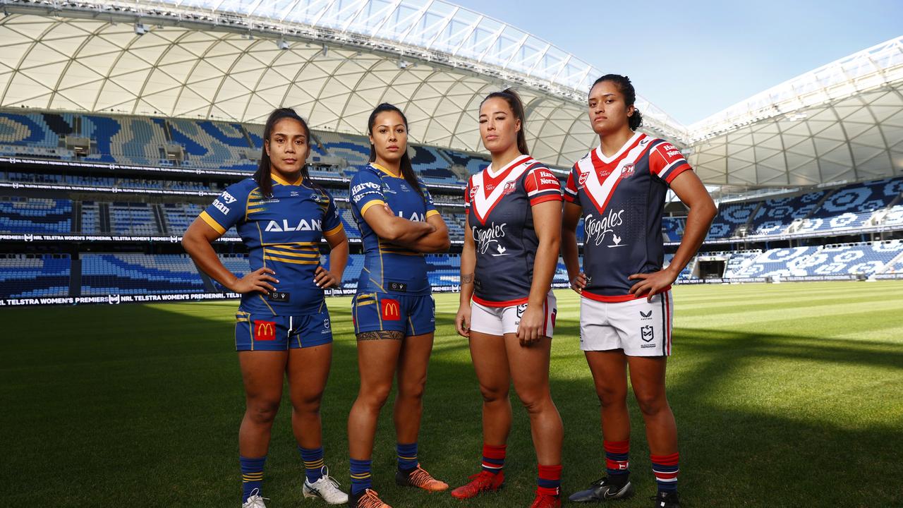 Co-captains Simaima Taufa and Tiana Penitani squared off with Roosters players Isabelle Kelly and Zahara Temara at the NRLW season launch. Picture: Richard Dobson