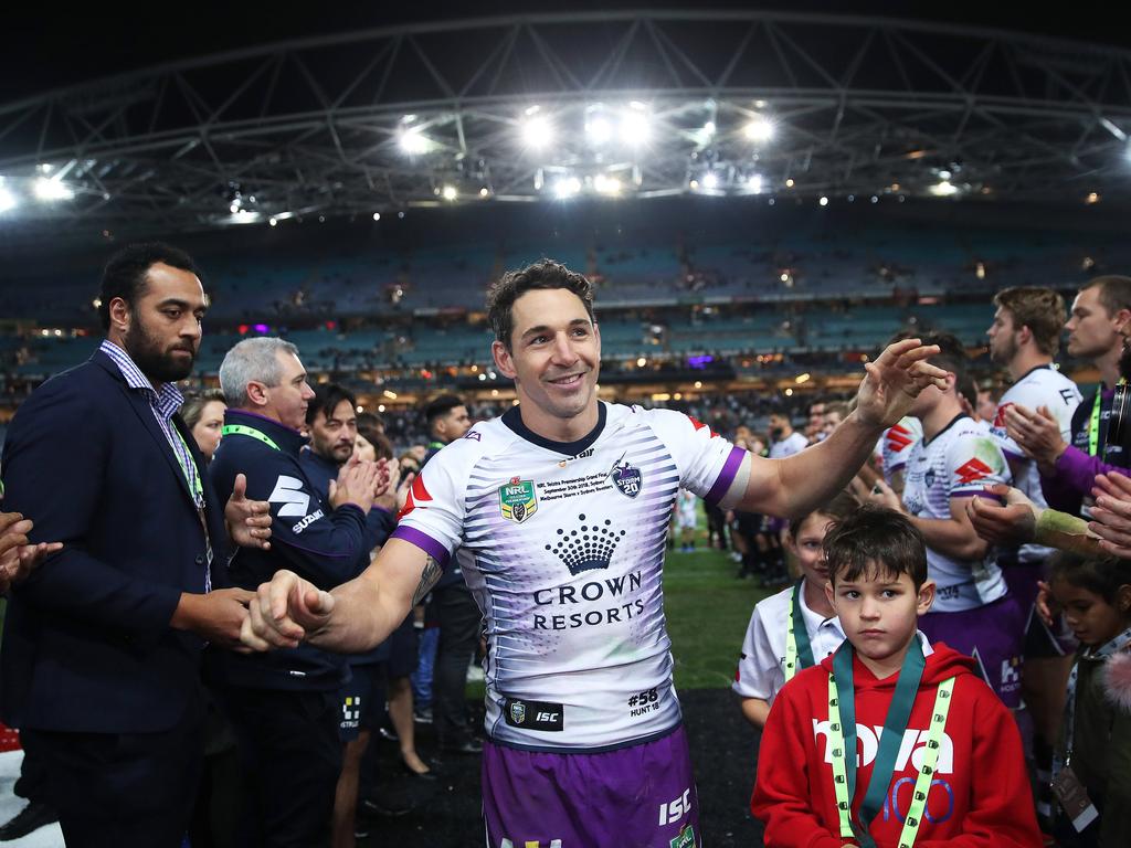 Billy Slater leaves the field for last time during the 2018 NRL Grand Final between the Sydney Roosters and Melbourne Storm at ANZ Stadium. Picture. Phil Hillyard