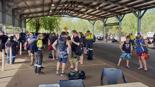 Groote Eylandt residents wait to be evacuated by RAAF planes on Thursday morning. Picture: Stefan Turley