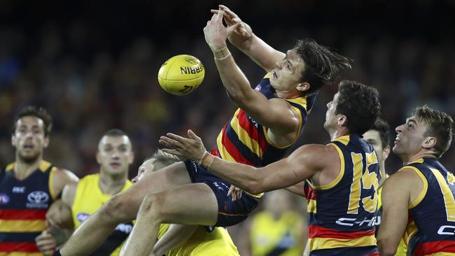 Adelaide Crows’ Jake Lever crashes the pack. Picture: Sarah Reed