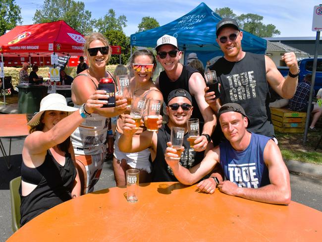 The Gippsland Beer Fest in Tinamba on Saturday, November 16, 2024: Danielle Jans, Carmel Rennie, Kezia Rennie, Aaron Fletcher, Brendan Kelly Ryan Murphy, Cooper Scudds. Picture: Jack Colantuono