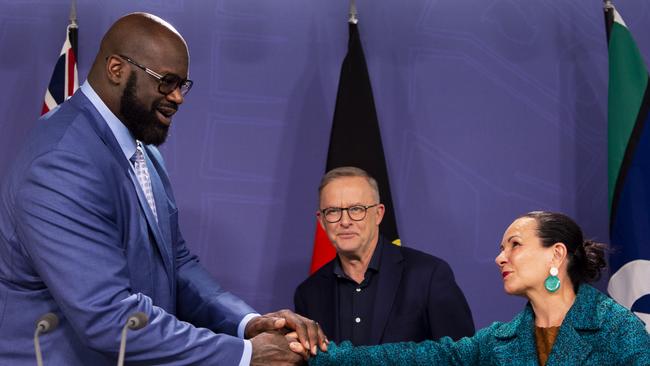 Anthony Albanese with Linda Burney and NBA legend Shaquille O'Neal. Picture: NCA NewsWire / Monique Harmer