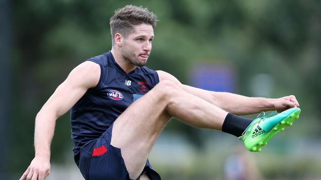 Jesse Hogan works on his goalkicking. Picture: Michael Klein