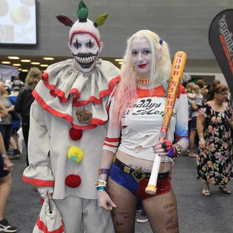 Supanova at Gold Coast Convention Centre. Ruben Westerberg, 38, dressed as American Horror Story's Twisty the clown and Amira Omerovic, 26, as Harley Quinn. Photo by Richard Gosling