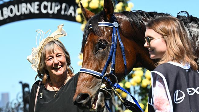 Co-trainer Sheila Laxon with Knight’s Choice after winning the Melbourne Cup last November. Picture: Getty Images