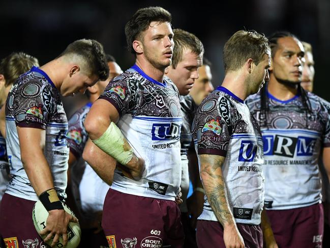 Sea Eagles players react after conceding a try during the Round 11 NRL match between the Manly Sea Eagles and the Gold Coast Titans at Lottoland in Sydney, Friday, May 24, 2019. (AAP Image/Joel Carrett) NO ARCHIVING, EDITORIAL USE ONLY