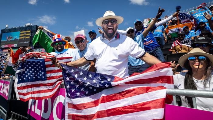 East Meadow, N.Y.: Supporters of the American team show off their colors during the ICC Men's 2024 T20 World Cup match between the USA and India, at the Eisenhower Park Cricket Stadium in East Meadow, New York, on June 12, 2024. (Photo by J. Conrad Williams Jr./Newsday RM via Getty Images)