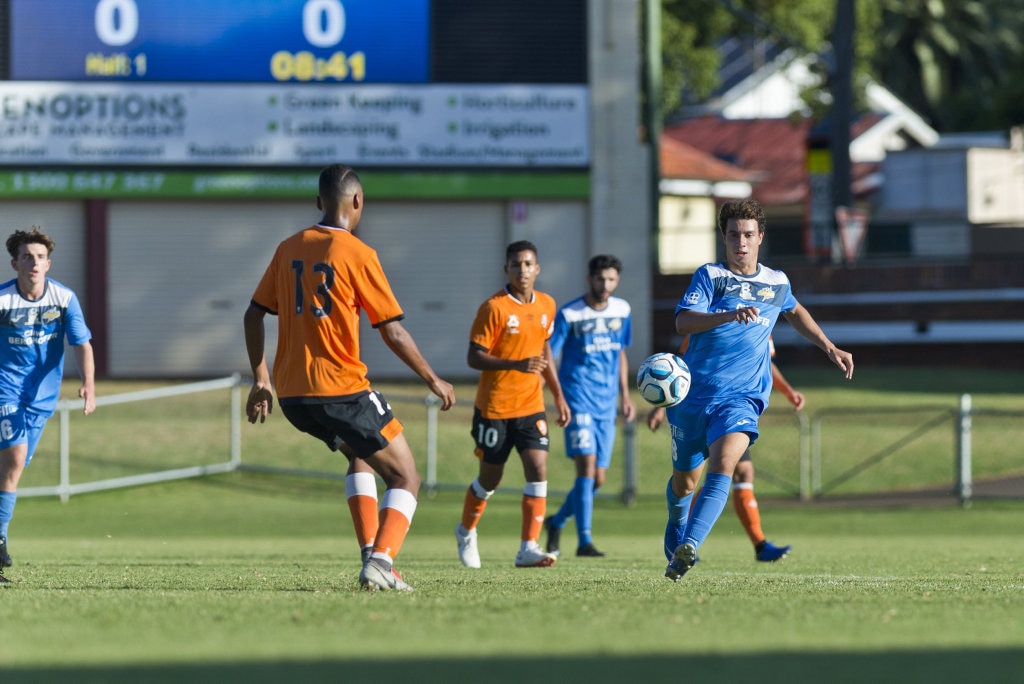 Keanu Tuart for South West Queensland Thunder against Brisbane Roar in NPL Queensland men round two football at Clive Berghofer Stadium, Saturday, February 9, 2019. Picture: Kevin Farmer