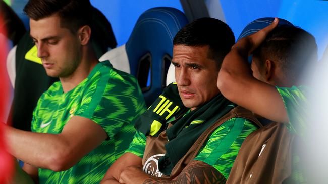 Benched... Tim Cahill watches on during the World Cup match between Australia and Denmark. Picture: Toby Zerna