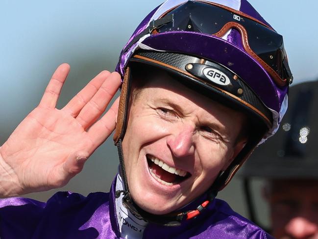 MELBOURNE, AUSTRALIA - NOVEMBER 04: Jockey James Mcdonald riding Riff Rocket creacts after winning race 7 the TAB Wakeful Stakes during Derby Day at Flemington Racecourse on November 04, 2023 in Melbourne, Australia. (Photo by Asanka Ratnayake/Getty Images)