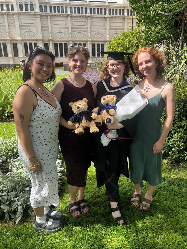 Stephanie Dizon, Ava Wansbrough (Bachelor of Arts (Honours)), Ella Clarke (Bachelor of Arts (Honours)) and Grace Murphy at the University of Melbourne graduations held at the Royal Exhibition Building on Monday, December 16, 2024. Picture: Jack Colantuono