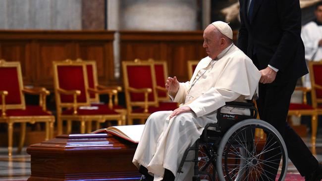 Pope Francis at Cardinal Pell’s funeral in 2023. Picture: AFP