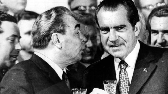 General Secretary of Soviet Communist Party Leonid Brezhnev (left) offers a toast to US President Richard Nixon following signing of strategic arms limitation talks (SALT) between USA and USSR, in Moscow in 1972.