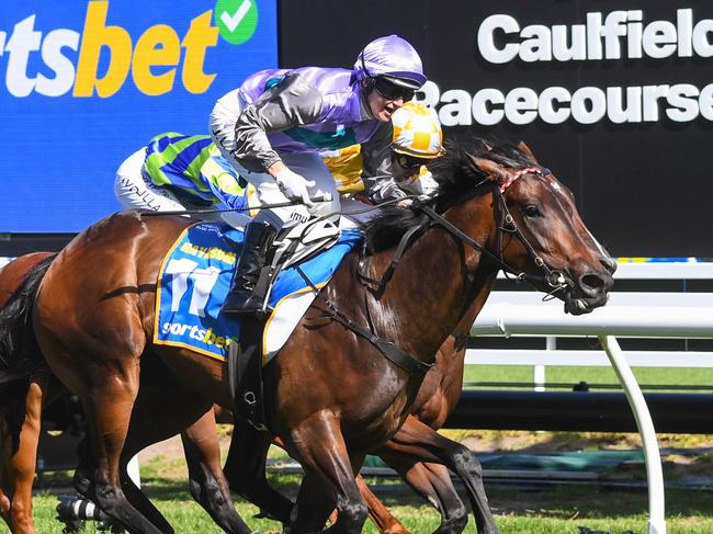 Hayasugi ridden by Jamie Kah wins the Sportsbet Blue Diamond Stakes at Caulfield Racecourse on February 24, 2024 in Caulfield, Australia. (Photo by Pat Scala/Racing Photos via Getty Images)