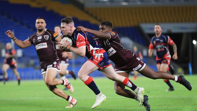 17th October 2020, Runaway Bay Seagulls full back John Mackin scores the match winning try during the Gold Coast Rugby League A-Grade Grand Final against the Burleigh Bears played at CBus Stadium Photo: Scott Powick Newscorp