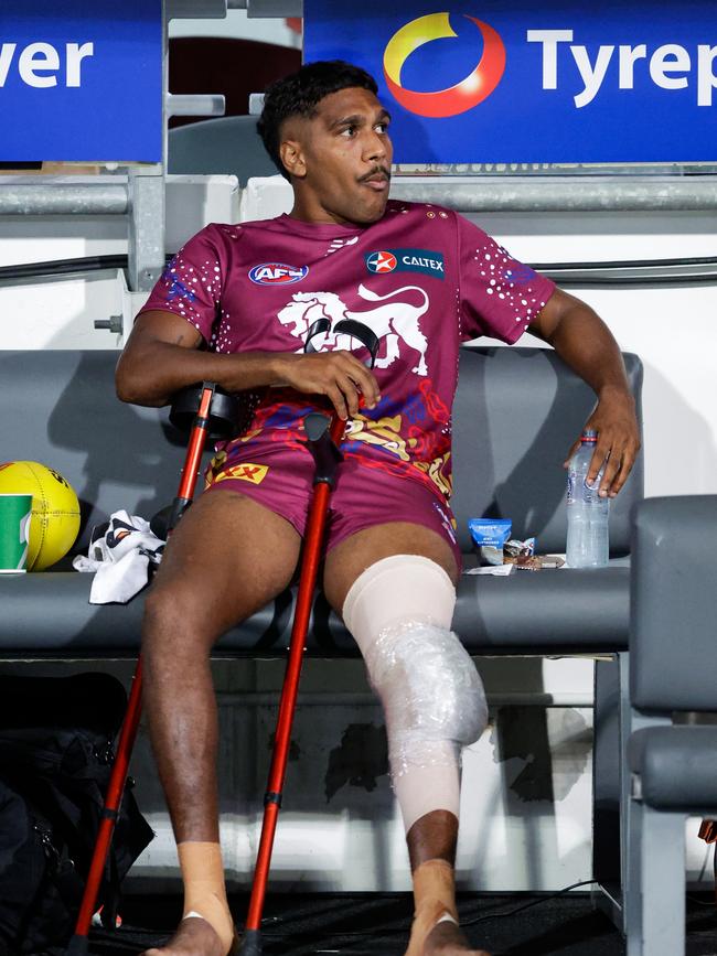 Keidean Coleman after doing his ACL against Carlton at the Gabba. Picture: Russell Freeman/AFL Photos via Getty Images.