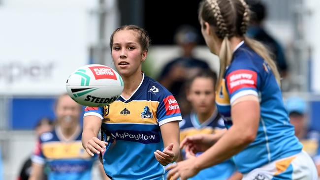 Jetaya Faifua of the Titans passes the ball during the round four NRL match between the Gold Coast Titans and the Brisbane Broncos at Cbus Super Stadium, on March 19, 2022, in Gold Coast, Australia. (Photo by Bradley Kanaris/Getty Images)