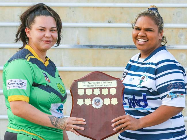 Palmerston’s Ashley Stott and Sistaz’s Bianca Scrymgour ahead of the NRL NT grand final for 2021. Picture Glenn Campbell