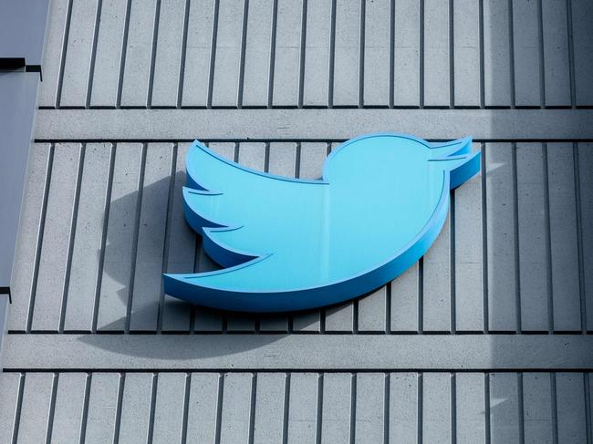 The Twitter logo is seen on a sign on the exterior of Twitter headquarters in San Francisco, California. Picture: AFP