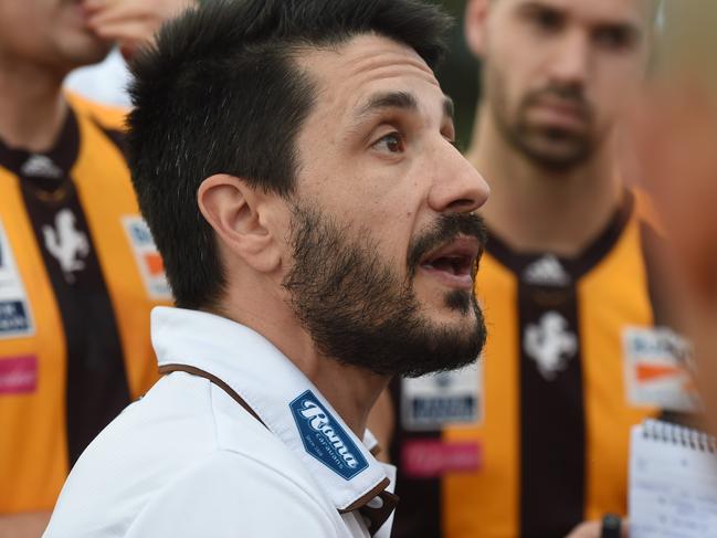 VFL footy: Box hill v Werribee at Box Hill City Oval. Box Hill coach Marco Bello addresses players at 3/4 time.  Picture: Lawrence Pinder