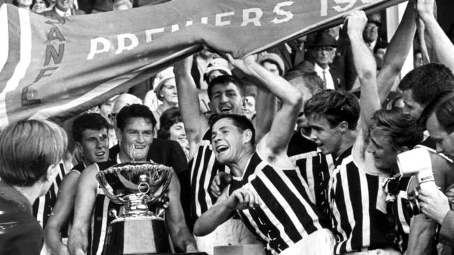 Footballer Geof Motley with Port Adelaide teammates after winning the 1965 SANFL grand final.