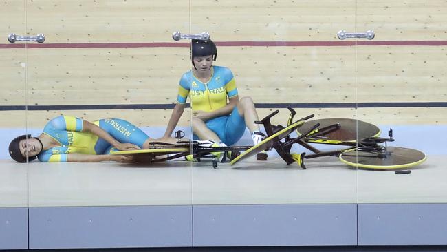 Melissa Hoskins, left, left the track on a stretcher after the high-speed crash during training. Amy Cure also fell in the incident but is back on the training track already. Picture: AP/Patrick Semansky