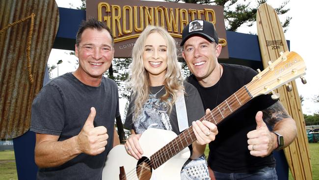 Adam Brand, Melanie Dyer and Casey Barnes ahead of the Groundwater Country Music festival in 2021. Picture: Tertius Pickard